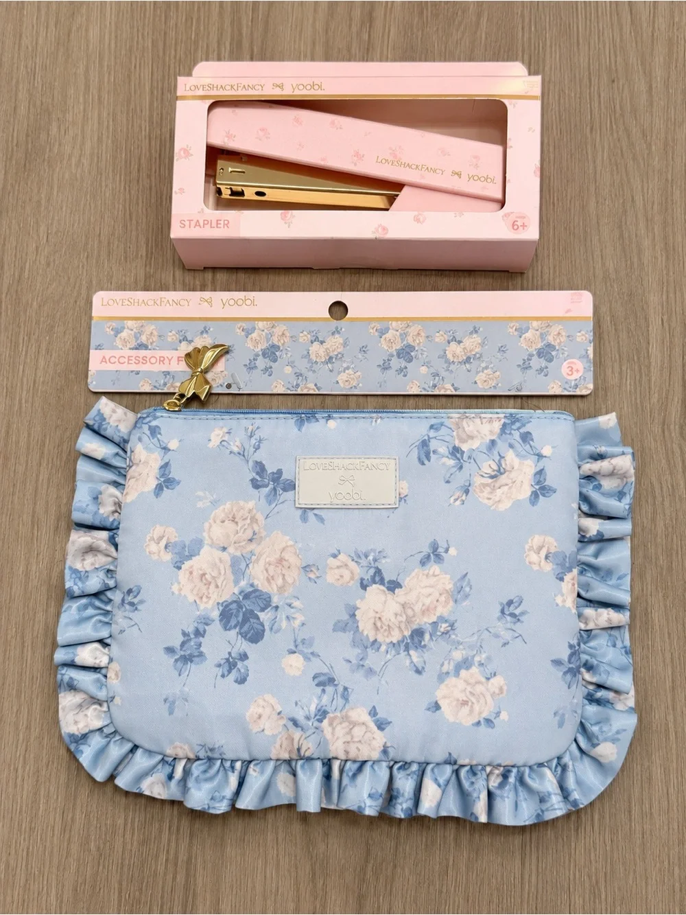 Blue Floral Ruffled Accessory Pouch & Pink Stapler Gift Set